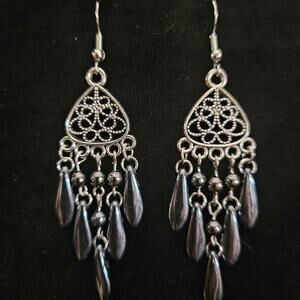 Antique silver filigree and charcoal gray metal and glass chandelier earrings